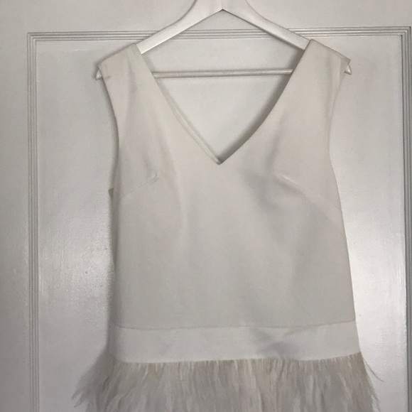 Dress- white, v-neck, drop waist, feathered skirt - Picture 2 of 5